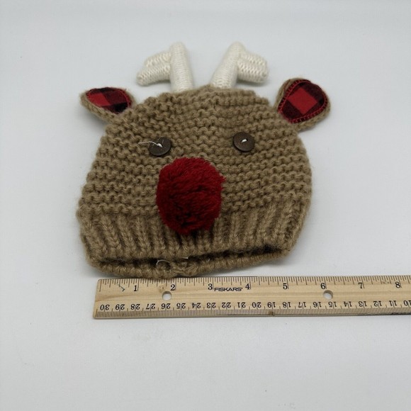 Mud Pie Christmas Bib & Reindeer Hat 0-6M Knit Beanie Red Tartan Plaid Baby - Picture 7 of 8